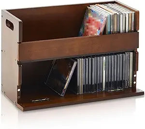 CroBlissful 2-Tier Wooden Cd Storage Holder Stand Cd Display Shelf Racks with Carrying Handles Cassette Tape Organizer Shelf for Movie Cases, Dvds, Can Store up to 72 Pcs Cds(Classic,Brown)