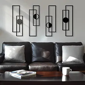 Abstract Black Metal Wall Art Set of 4, Large Modern Geometric Wall Decor with 3D Layered Design for Living Room, Bedroom, Bathroom, Hallway, Minimalist Wall Sculptures