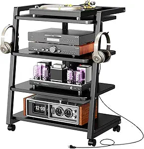 CABTE Mobile AV Media Stand with Outlets and 4 Rolling Caster Wheels, 4-Tier Rolling TV Stand for Gaming Console, Stereo, DVD Player, Sturdy Metal Frame, Versatile Living Room,Bedroom (Black)