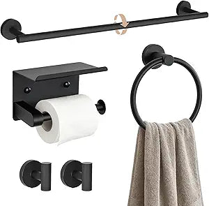 Wall Mounted Matte Black Bathroom Hardware Accessories Set, 5 Piece Complete Kit Including 23.6 Inch Towel Bar, Toilet Paper Holder, Towel Ring and Robe Hooks