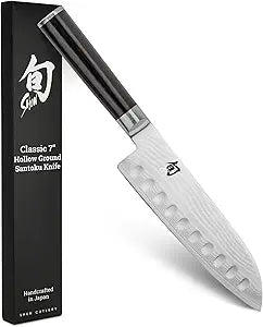 Shun Classic 7" Hollow Ground Santoku Knife, Handcrafted Japanese Cutting Knife, VG-MAX Core with Damascus Stainless Steel Cladding, Pakkawood Handle