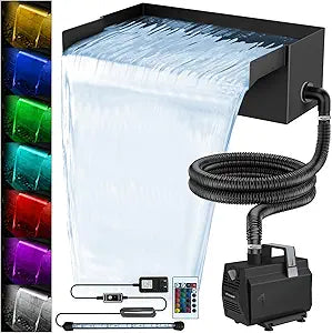 All-in-1 Pond Waterfall Kit with LED Lights, 12 inch Stainless Steel Spillway with 880GPH Water Pump, Outdoor Waterfall Fountain for Water Feature, Garden, Backyard, Pool