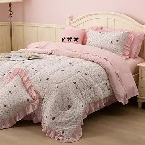 A Nice Night Red Bow Comforter Set,Ruffle 6Pcs Bed in a Bag Matching Sheet Set, Bowknot Bedding Sets,Princess Style Strawberry Flower Printed Room Decor for Girls,Full