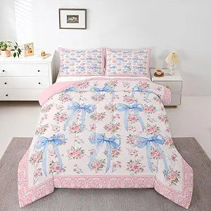 Feelyou Blue Bow Floral Kids Comforter Set Twin Pastel Rose Bedding Set