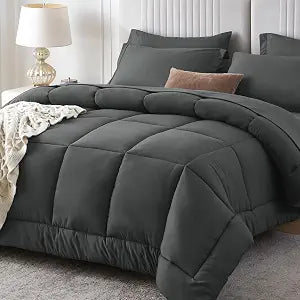 Sasttie Queen Comforter Set 7-Piece, All-Season Bed in a Bag, Dark Grey