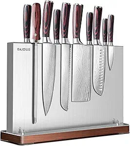 Magnetic Knife Holder, Stainless Steel Magnetic Knife Block without Knives, Strong Double Sided Magnet Knife Storage Strip with Wood Base for Kitchen Counter-Silver
