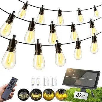 Solar Lights Outdoor Patio Lights: S14 25M 82FT Solar Powered Remote Control 3 Light Modes Dimmable Solar Waterproof Light - Shatterproof Bulbs - Camping Backyard Garden Deck Outside Yard