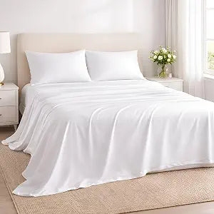 Rajlinen 100% Cotton Queen Sheets Set, Cooling & Breathable Bed Sheets, 16 Inch Deep Pocket Fitted Sheet with All-Around Elastic, Soft & Durable Bedding Set, White Solid