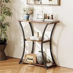 Trironsun Rustic 3-Tier Console Table with Open Shelves Narrow Entryway Table with Curved Metal Frame Slim Sofa Table for Hallway Living Room or Foyer (Rustic Brown)