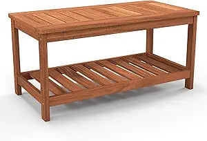 Tangkula Wood Outdoor Coffee Table, 2-Tier Patio Coffee Table with Slatted Hardwood Tabletop & Storage Shelf, Rectangle Wood Table for Deck, Garden, Balcony, Indoor or Outdoor Use (Natural)