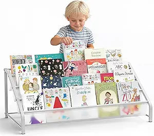 HAVEDAWN 4-Tier Toddler Bookshelf & Organizer - Sturdy Metal Book Rack for Kids Room - Montessori Front-Facing Display Stand, High-Capacity Transparent Storage for Nursery & Playroom, 32 Inch