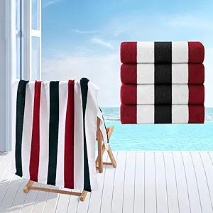 Beach Towel Set-4 Pack 30"x60" Sand Free Stripe Beach Towel for Pool,Bathroom,Soft Absorbent Quick Dry Lightweight Beach Bath Towel,Camping Blanket,Travel Towel,Beach Essentials for Adults,Red/Black
