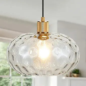 Glass Pendant Lights Kitchen Island 12 Inch Adjustable Pendant Light Fixtures with Hand-Blown Hammer Glass Farmhouse Hanging Light for Kitchen Sink Dining Room Bedroom Hallway