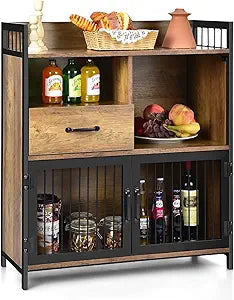 Giantex Buffet Cabinet with Storage, Kitchen Sideboard, 2 Door Storage Cabinet with Drawer, Wood Shelves Metal Frame, Industrial Cupboard Utensil Tableware Organizer