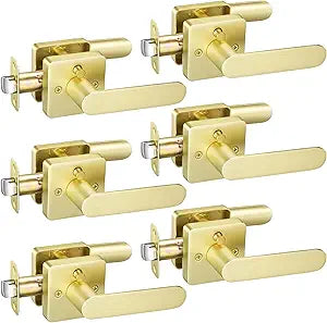 Brushed Gold Door Handles Interior with Lock, Zinc Alloy Privacy Door Locks Interior for Bedroom & Bathroom, Heavy Duty Modern Keyless Lever, Reversible for Left or Right-Handed, 6 Pack