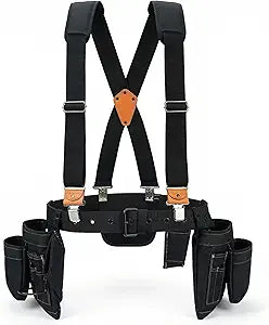 MELOTOUGH 14-Pockets Professional Tool Belt with Suspenders,Heavy Duty Tool Bag and Pouch Combo for Carpenters,Construction,Electricians(Black, 33''-49'')