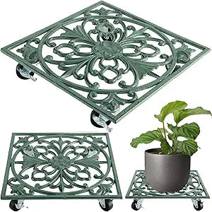 2 Packs 11.8" Square Metal Plant Caddy with Wheels Large Heavy-Duty Cast Iron Planter Dolly Pot Mover, Indoor Outdoor Vintage Rolling Plant Stands with Casters Wheeled Plant Roller Base, Green