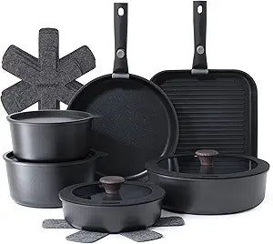 SENSARTE 17 Piece Pots and Pans Set, Nonstick Detachable Handle Cookware Set, Induction Kitchen Cookware Set with Removable Handle, Healthy Non Stick for RV, Dishwasher Oven Safe, PFOA Free (Black)