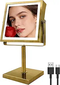 Ruacq Makeup Mirror with Lights, 4000mAh Rechargeable Magnifying Mirror with Light, 1X/10X, Height Adjustable Bathroom Vanity Mirror, 3 Colors, Adjustable Brightness (Antique Brass)