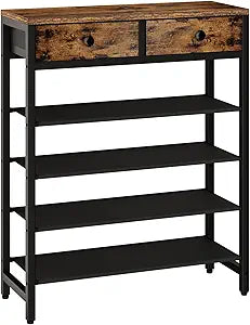 IBUYKE 5 Tier Shoe Rack, Metal Shoe Storage Organizer with 2 Drawers, Shoe Storage Rack for 12-16 Pairs of Shoes, Modern Shoe Stand with Fabric Shelf for Entryway Closet Bedroom, Rustic Brown TXJ040H