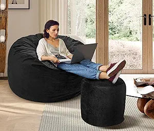 Memory Foam Bean Bag Chair, Oversized Sofa for Adults, Teens & Kids, Removable Velvet Cover, Ultra Comfortable for Gaming, Bedroom, Living Room, or Dorm(Black, 4ft w/Footstool)