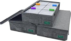 Cassette Tape Storage Box Pack of 3, Durable Cassette Tape Holder 16.34 x 9.25 x 3.54 Inch with Lids and Index Labels to Store 144 Cassette Cases - Gray