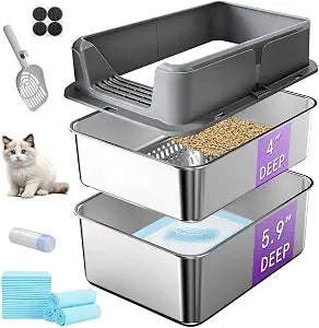 Stainless Steel Sifting Litter Box for Pine Pellets | 17.4"x13.2"x10" Sifting Cat Litter Box with Sifter, High Side for Small Cats, Anti-Leakage, Odor Control