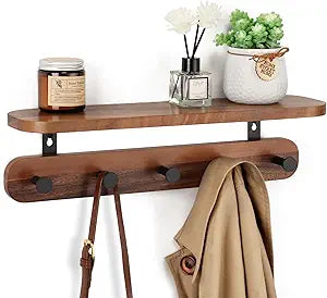 Coat Rack Wall Mount with Shelf, 17" Walnut Wood Wall Shelf with Hooks, Entryway Floating Shelves with 5 Metal Hangers for Coats, Backpacks, Living Room, Bedroom, Bathroom