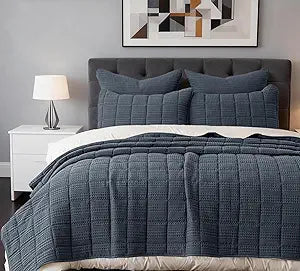 3 Pieces Oversized Cotton Quilt Set Super King Comforter with Pillow Shams 120x120 Ultra Soft Lightweight Bedspread Waffle Weave Quilted Bed Coverlets for All Season, Grey Blue