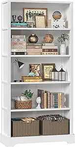 TVU 5-Tier Wooden Book shelf, 65"H 31.5"W 9.9D Bookshelf with Storage, Floor-Standing Display Bookcase, Farmhouse Style Bookshelf with Arched Base, Suitable for Living Room, Study, Office, White