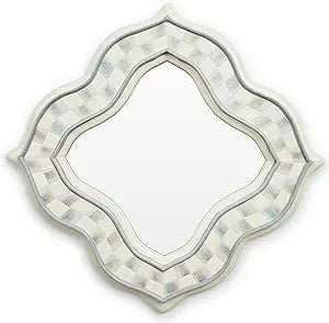 MACKENZIE-CHILDS Quatriflower Small Wall Mirror, Diamond Mirror Wall Decor, Gray-and-White Sterling