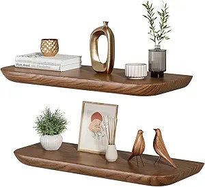 Solid Walnut Floating Shelves for Wall 16.5 Inch Set of 2, Round Edge Wall Mounted Shelf,Rustic Farmhouse Wooden Floating Shelf,Wood Wall Shelf for Bathroom Living Room,Bedroom,Kitchen