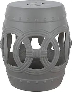 JONATHAN Y Lucky Coins 16" Ceramic Garden Stool, Contemporary Matte Gray Cutout Interlocking Rings Drum Indoor/Outdoor Side Table and Plant Stand for Patio, Garden, Living Room TBL1022F