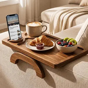 Acacia Wood Sofa Arm Tray - 3-in-1 Couch Arm Table with Phone Holder, Cup Holder & Foldable Tray - Armrest Clip-On Design for Couch with 360 Rotated Phone Holder
