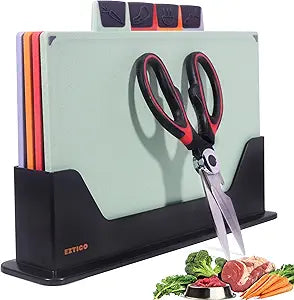 4-Piece Non-Toxic Cutting Board Set with Premium Scissors BPA-Free Plastic and Rubber Chopping Boards for Kitchen Essentials with Organizer, Dishwasher Safe Accessories Holder.