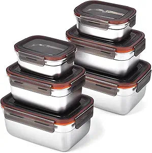 Stainless Steel Airtight Food Storage & Bento Lunch Box Set of 6 - Leakproof Seal, Dishwasher & Freezer Safe, Stackable, 3 Sizes (19.4/38.8/67oz) for Meal Prep, Work, Travel