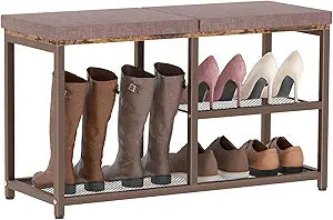 Shoe Rack Bench for Entryway 3-Tier, Free Standing Shoe Racks with Seat Cushion, Narrow Shoe Storage Shelf with Boot Organizer, Shoe Rack for Small Spacesh with Wood Bench (Brown+Brown)