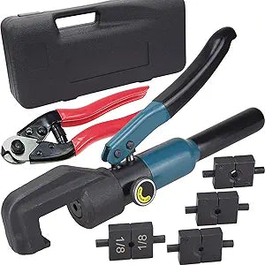 Custom Hydraulic Crimper Tool for 1/8 Stainless Steel Cable Railing Kit Hardware System Fittings, with Cable Cutter