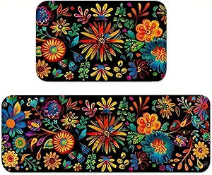 Mexican Floral Kitchen Rugs Set of 2, Colorful Kitchen Mats with Rubber Backing Non Slip Washable, Cinco De Mayo Gift, 17" x 29 + 17" x 47" (Black)