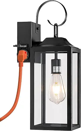 19" Large Outdoor Light Fixture with Outlet, Black Outdoor Wall Lights with Outlet Exterior Lighting Fixtures, Outside Lights for House Wall Mount Waterproof Wall Sconce Lamp for Front Door Garage