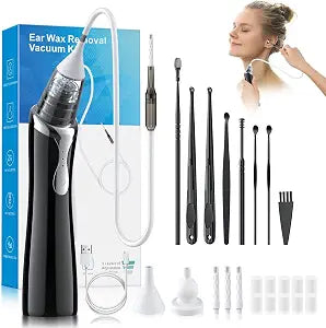 Ear Vacuum Wax Removal Tool with 8 Pcs Ear Pick, Strong Suction Earwax Removal Kit with Charging Cable, Ear Suction Device for Adults and Kids (Black)