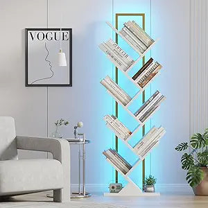 Qupui Tree Book Shelf with LED Lights, 9 Tier Floor Standing Bookcase, Classical Corner Shelf Kids Bookshelf, Tall Wood Book Storage for Bedroom, Living Room, Home Office, White