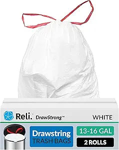 Reli. Drawstring Trash Garbage Bags, Tall Kitchen, 250 Count Bulk, White, 13 Gallon - 16 Gallon Capacity