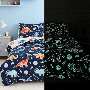 Holawakaka Glow in The Dark Kids Comforter Set, 5-Piece Luminous Full Size Space Dinosaur Bedding Set with Sheets, Galaxy Planets Stars Dino Print Bed in a Bag for Boys Girls Nursery Dorm