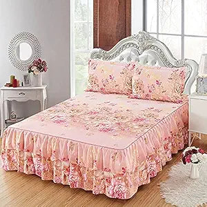 2 Layers Ruffled Bed Sheet Skirt Brushed Microfiber Bedspread with 2 Pillow Shams, Queen, Pink