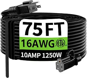 HUANCHAIN Indoor Outdoor Black Extension Cord 75 FT Waterproof 16/3 Gauge