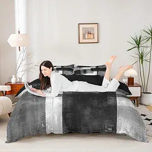 Manfei Geometric Check Duvet Cover Set King Size,Abstract Square Grid Lattice Bedding Set 3pcs,Black and Grey Quilt Cover,Kids Boys Girls Room Decor,2 Pillowcases,No Comforter
