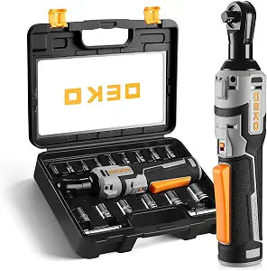 DEKOPRO Cordless Electric Ratchet Wrench Set 19Pcs Power Ratchet Tool Kit, 8V 3/8" Cordless Ratchet Wrenches Variable Speed with 14 Sockets, 3/8" to1/4 Adapter, 2 Extension Bars(Gray)