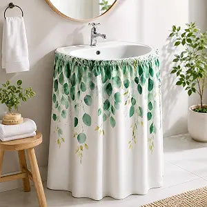 Fabric Sink Skirt Eucalyptus Leaf Diamond Waterproof Bathroom Self Stick Adhesive Greenery Under Sink Curtain Skirt for Bathroom Storage Laundry Room Kitchen Bedroom Farmhouse Rustic Decor 55 x32 In