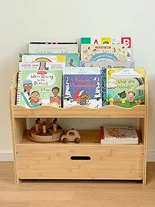 Bamboo Kids Bookshelf 3-Tier with Drawer, Scalloped Front Facing Montessori Book Shelf and Toy Storage for Toddler Kids Rooms, Baby Nursery, Classroom